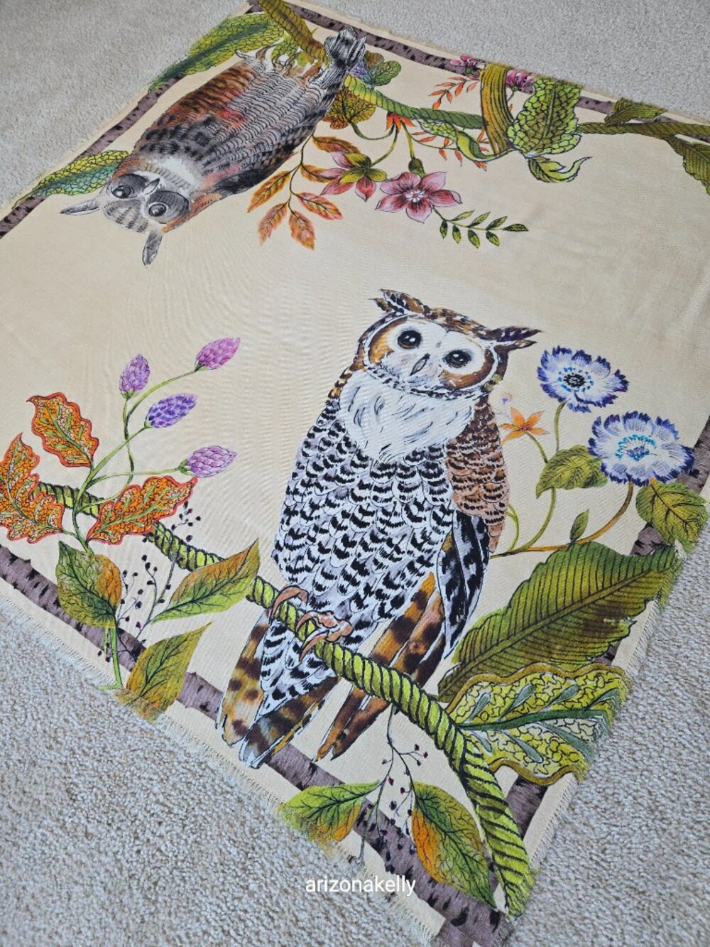 NWOT Echo Wool & Silk Large Square Scarf Owls Hoot Bird - Picture 7 of 9
